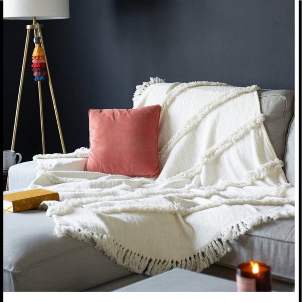 Uncommon James Textured Layered Fringe Throw in White, NEW